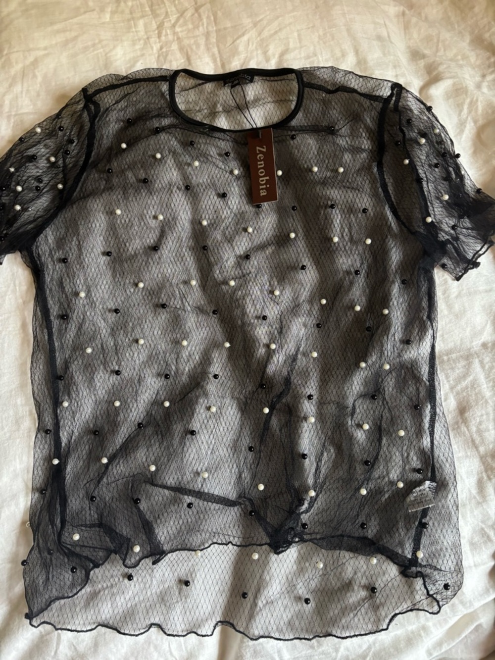 Zenobia Black Sheer Mesh Top with Pearl Dots